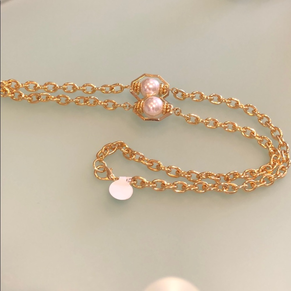 Elegant gold chain pearls decoration long necklace 30” length